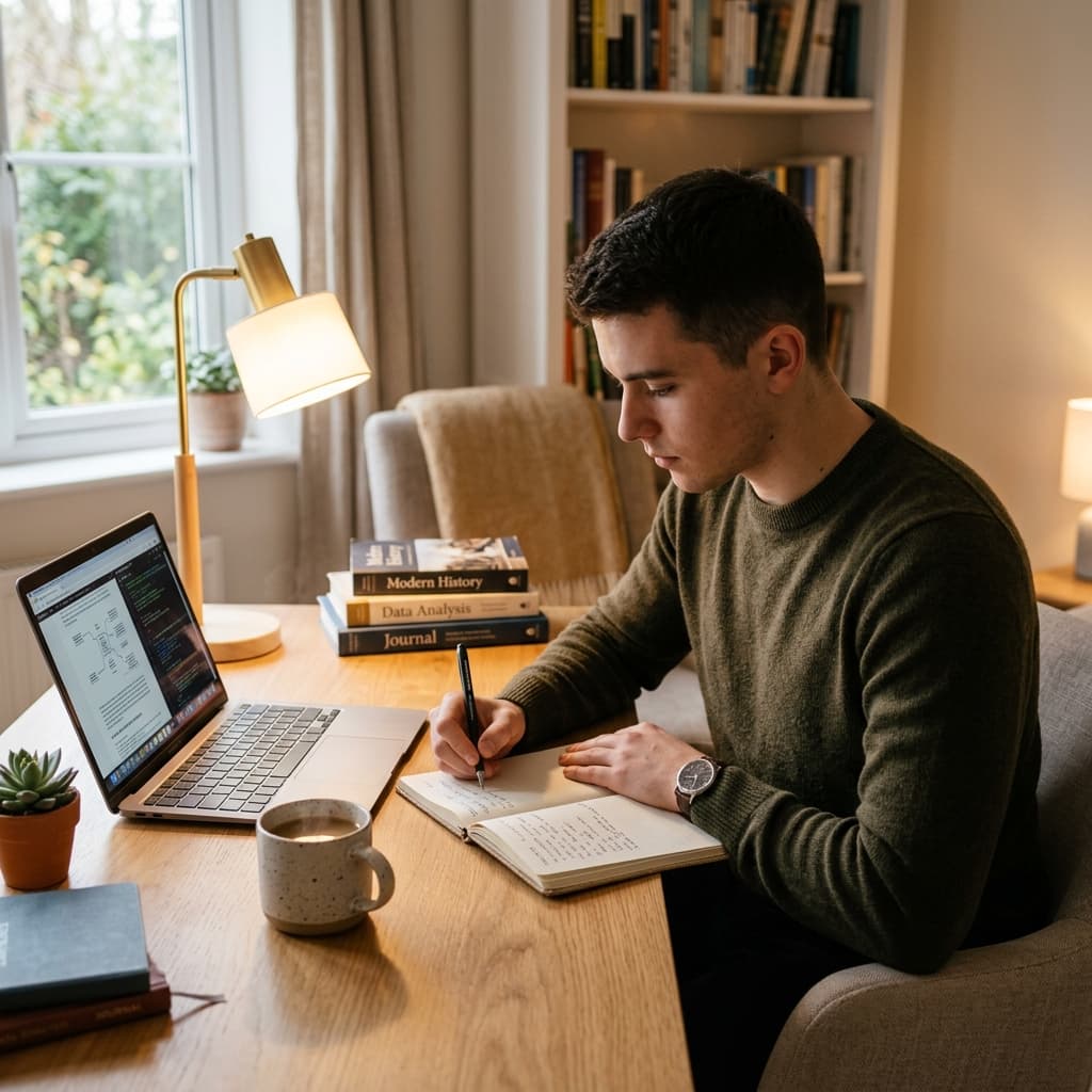 Student studying free online courses with laptop and notebook